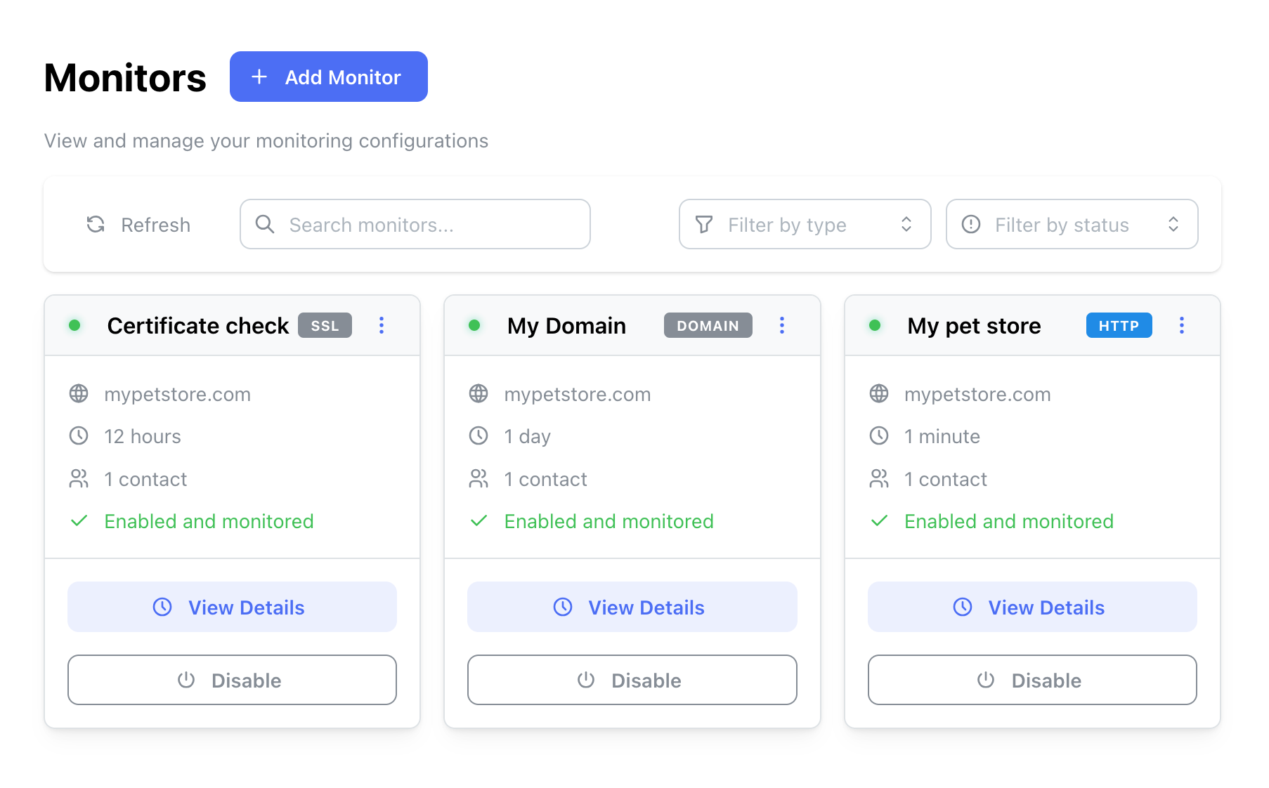 Website monitoring dashboard